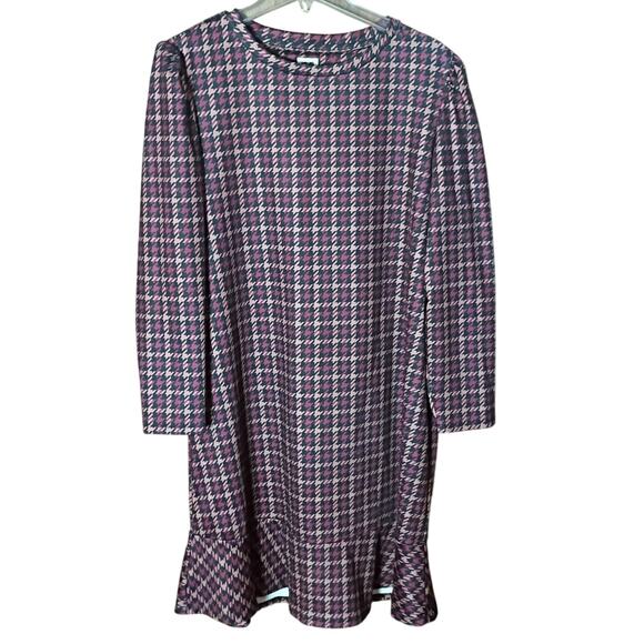 Anne Klein Women XL Red/ Gold Houndstooth Flare Hem Puff Sleeve Fall Dress - Picture 2 of 6